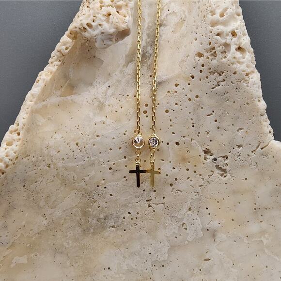 925 Sterling Silver Gold Cross Earrings | Stone Detail | Threader Chain Style - Picture 4 of 7